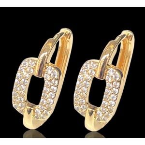 Laminated Gold Tone Link Hoop Earrings Pave Set CZ Accent Elegant Jewelry